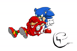 Size: 1680x1109 | Tagged: safe, artist:mistercobalt, knuckles the echidna, sonic the hedgehog, 2012, duo, eyes closed, lidded eyes, looking at them, mouth open, signature, simple background, sitting, smile, squatting, tickling, treads, white background