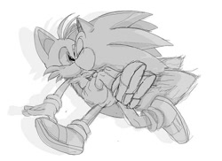 Size: 600x437 | Tagged: artist needed, source needed, safe, miles "tails" prower, sonic the hedgehog, age difference, carrying them, duo, gay, kiss, monochrome, running, shipping, simple background, sonic x tails, unknown date, white background