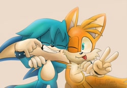 Size: 1600x1109 | Tagged: safe, artist:justatoast, kit the fennec, miles "tails" prower, 2023, arm around shoulders, duo, eyes closed, grey background, leaning, leaning on each other, looking at viewer, posing, simple background, smile, standing, tongue out, v sign, wink