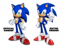 Size: 2048x1536 | Tagged: safe, artist:rainsyart, editor:rainsyart, sonic the hedgehog, 2022, 3d, comparison, edit, english text, looking at viewer, pointing, simple background, smile, solo, standing, text, white background