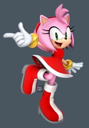 Size: 1423x2048 | Tagged: safe, artist:rainsyart, editor:rainsyart, amy rose, 2025, 3d, edit, grey background, looking at viewer, pointing, signature, simple background, smile, solo, sonic racing crossworlds
