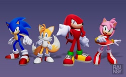 Size: 2048x1265 | Tagged: safe, artist:rainsyart, editor:rainsyart, amy rose, knuckles the echidna, miles "tails" prower, sonic the hedgehog, sonic forces, 2023, 3d, edit, frown, gradient background, group, looking at viewer, signature, smile, standing, team sonic