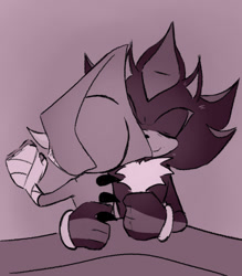 Size: 700x800 | Tagged: dnp, safe, artist:shadpiokisses, espio the chameleon, shadow the hedgehog, 2026, cuddling, duo, gay, monochrome, shadpio, shipping, sleeping