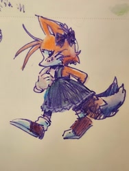 Size: 1536x2048 | Tagged: artist needed, source needed, safe, miles "tails" prower, bow, crossdressing, dress, femboy, male, solo, traditional media, walking