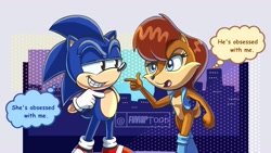 Size: 3393x1908 | Tagged: safe, artist:fliviartoon, sally acorn, sonic the hedgehog, chipmunk, hedgehog, 2026, city, crossover, dialogue, duo, english text, female, male, redraw, sally x sonic, sally's vest and boots, shipping, sly cooper, straight