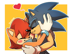 Size: 1300x975 | Tagged: safe, artist:cheroy, sally acorn, sonic the hedgehog, chipmunk, hedgehog, 2020, duo, female, heart, hugging, kiss, kiss on cheek, male, sally x sonic, sally's ringblader outfit, shipping, straight