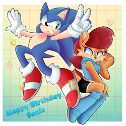 Size: 2000x2000 | Tagged: safe, artist:yoshiyoshi700, sally acorn, sonic the hedgehog, chipmunk, hedgehog, 2023, anniversary, duo, english text, female, happy, heart, looking at them, male, ring, sally x sonic, sally's ringblader outfit, shipping, smile, straight, v sign