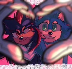 Size: 2048x1958 | Tagged: safe, artist:k_pchellka, shadow the hedgehog, sonic the hedgehog, 2026, beanbrows, cute, duo, eyelashes, gay, heart, heart hands, looking at viewer, shadow x sonic, shadowbetes, shipping, signature, smile, sonabetes, valentine's day