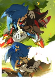 Size: 1448x2048 | Tagged: safe, artist:xx_yzs, shadow the hedgehog, sonic the hedgehog, 2026, daytime, duo, flower, gay, grass, hugging, lying down, musical note, outdoors, shadow x sonic, shipping, sitting
