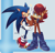 Size: 1779x1712 | Tagged: safe, artist:risziarts, sally acorn, sonic the hedgehog, chipmunk, hedgehog, 2024, archie sonic the hedgehog, duo, female, laughing, male, redraw, sally x sonic, sally's vest and boots, shipping, straight