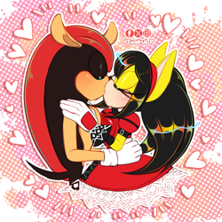 Size: 2349x2349 | Tagged: safe, artist:iyakulp, honey the cat, mighty the armadillo, armadillo, cat, 2025, blushing, duo, eyes closed, female, heart, honey x mighty, kiss, male, shipping, straight