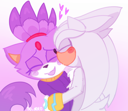 Size: 1500x1300 | Tagged: safe, artist:so-noed, blaze the cat, silver the hedgehog, cat, hedgehog, 2025, blushing, duo, eyes closed, female, heart, male, shipping, silvaze, straight