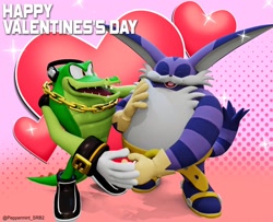 Size: 2048x1659 | Tagged: safe, artist:peppermintsrb2, big the cat, vector the crocodile, 3d, abstract background, bigtor, crack shipping, duo, english text, gay, heart, holding hands, shipping, smile, sparkles, standing, text, valentine's day