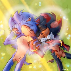 Size: 2048x2048 | Tagged: safe, artist:k_pchellka, shadow the hedgehog, sonic the hedgehog, 2025, claws, cute, duo, eyes closed, flower, fur markings, gay, gloves off, grass, heart, holding hands, lying down, scar, shadow x sonic, shipping, smile, valentine's day