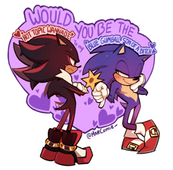 Size: 1236x1220 | Tagged: safe, artist:marcomie12, shadow the hedgehog, sonic the hedgehog, 2025, arms folded, blue gumball son of a bitch, blushing, duo, english text, flower, frown, gay, heart, hot topic wannabe, looking at each other, meme, shadow x sonic, shipping, signature, simple background, smile, standing, sunflower, text, top surgery scars, trans boy sonic, trans male, transgender, valentine's day, wagging tail, white background