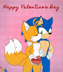 Size: 1450x1665 | Tagged: safe, artist:doomlazy27, miles "tails" prower, sonic the hedgehog, 2026, arm around shoulders, chocolate box, duo, english text, flat colors, gay, heart, holding something, kiss, kiss on cheek, shipping, signature, smile, sonic x tails, standing, text, valentine's day