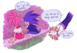 Size: 1200x830 | Tagged: safe, artist:bbanana_leaf, amy rose, sonic the hedgehog, amy x sonic, clothes, dialogue, grass, part of a set, shipping, sitting, speech bubble, straight