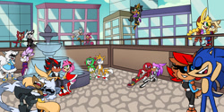 Size: 2048x1024 | Tagged: safe, artist:kittytale, amy rose, antoine d'coolette, blaze the cat, bunnie rabbot, cosmo the seedrian, gadget the wolf, infinite the jackal, julie-su, knuckles the echidna, miles "tails" prower, nicole the hololynx, sally acorn, shadow the hedgehog, shard the metal, silver the hedgehog, sonic the hedgehog, tangle the lemur, whisper the wolf, cat, coyote, echidna, fox, hedgehog, lemur, lynx, rabbit, seedrian, wolf, 2026, amy x shadow, buntoine, canon x oc, daytime, espio x silver, female, fountain, gay, group, heart, jacket, julie-su x knuckles, lesbian, male, nicole x shard, robot, roboticized, rookinite, sally x sonic, sally's ringblader outfit, shipping, straight, tailsmo, tangle x whisper, unnamed oc, valentine's day
