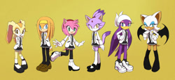 Size: 800x368 | Tagged: safe, artist:ni-qu, amy rose, blaze the cat, rouge the bat, tikal, wave the swallow, alternate outfit, female, females only, gradient background, group, hand on hip, mouth open, needs more jpeg, school uniform, smile