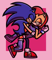 Size: 1755x2048 | Tagged: safe, artist:roll_maka, sally acorn, sonic the hedgehog, chipmunk, hedgehog, 2026, duo, eyes closed, female, happy, hugging, male, sally x sonic, sally's ringblader outfit, shipping, straight, valentine's day