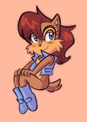 Size: 1467x2048 | Tagged: safe, artist:lordcant1, sally acorn, chipmunk, 2026, blushing, female, orange background, sally's vest and boots, simple background, sitting, solo