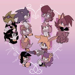 Size: 2000x2000 | Tagged: safe, artist:deemee40835031, amy rose, antoine d'coolette, ash mongoose, bunnie rabbot, fiona fox, mina mongoose, monkey khan, sally acorn, scourge the hedgehog, shadow the hedgehog, sonic the hedgehog, oc, chipmunk, coyote, fox, hedgehog, mongoose, monkey, rabbit, archie sonic online, 2026, amy x sonic, buntoine, female, group, looking at each other, male, roboticized, sally x sonic, shipping, straight, unnamed oc, valentine's day