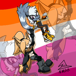 Size: 2000x2000 | Tagged: safe, artist:witchbits99, tangle the lemur, whisper the wolf, 2026, duo, echo background, holding hands, lesbian, lesbian pride, pride, pride flag, pride flag background, shipping, signature, smile, tangle x whisper