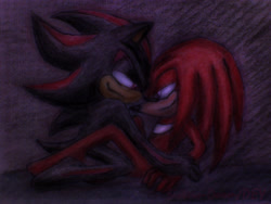 Size: 1280x960 | Tagged: suggestive, artist:sisters-doom, knuckles the echidna, shadow the hedgehog, 2012, barefoot, dark, duo, gay, gloves off, knuxadow, lidded eyes, looking at them, shipping, smile