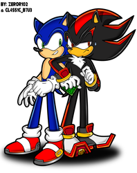 Size: 1201x1520 | Tagged: safe, artist:cl4ss1c-b7u3, artist:zeror102, shadow the hedgehog, sonic the hedgehog, 2017, clenched fist, collaboration, duo, frown, holding something, lidded eyes, looking at them, looking offscreen, shadow (lighting), signature, simple background, smile, standing, style emulation, sweatdrop, uekawa style, white background