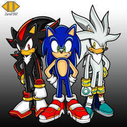 Size: 2518x2511 | Tagged: safe, artist:zeror102, shadow the hedgehog, silver the hedgehog, sonic the hedgehog, 2015, absurd res, front view, frown, gradient background, hand on hip, looking at viewer, signature, smile, soap shoes, style emulation, trio, uekawa style