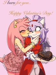 Size: 1535x2048 | Tagged: safe, artist:storyfrvr, amy rose, blaze the cat, cat, hedgehog, 2026, alternate outfit, amy x blaze, blushing, cake, cute, duo, english text, female, food, holding something, kiss, kiss on cheek, lesbian, plate, purple background, shipping, signature, simple background, smile, smoke, standing, sweatdrop, text, valentine's day