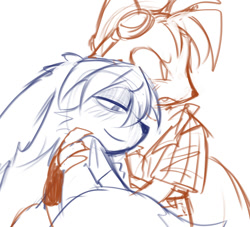 Size: 873x791 | Tagged: safe, artist:hidigrade, kit the fennec, miles "tails" prower, 2024, aged up, cute, duo, frown, gay, goggles, holding them, kit x tails, line art, looking offscreen, monochrome, shipping, sketch, smile