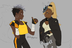 Size: 1076x725 | Tagged: safe, artist:astrophysician, tangle the lemur, whisper the wolf, human, 2026, cleavage, dark skin, duo, ear piercing, earring, flat colors, grey background, holding something, humanized, looking at each other, signature, simple background, smile, species swap, standing, thumbs up