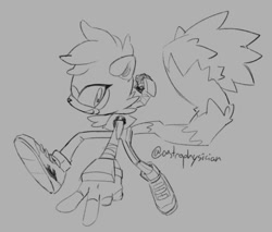 Size: 601x513 | Tagged: safe, artist:astrophysician, tangle the lemur, 2026, backwards v sign, grey background, greyscale, line art, looking at viewer, mid-air, monochrome, posing, signature, simple background, smile, solo, v sign