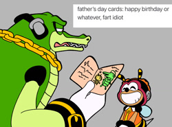 Size: 1178x871 | Tagged: safe, artist:charmsterz, charmy bee, vector the crocodile, 2026, adoption, card, duo, father and child, father and son, father's day, flat colors, grey background, holding something, meme, simple background, smile, standing, unamused, vector is not amused