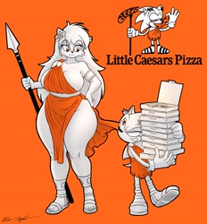 Size: 3803x4096 | Tagged: safe, artist:azul35art, sally acorn, sonic the hedgehog, chipmunk, hedgehog, 2026, alternate outfit, busty sally, clothes, duo, female, food, height chart, holding something, jacket, little caesars pizza, looking at viewer, male, pizza, sally x sonic, shipping, spear, straight, weapon