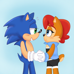 Size: 1280x1280 | Tagged: safe, artist:dragon22551, sally acorn, sonic the hedgehog, chipmunk, hedgehog, 2026, blushing, duo, female, grin, holding hands, looking at each other, male, sally x sonic, sally's ringblader outfit, shipping, simple background, smile, straight