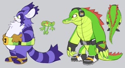 Size: 1912x1046 | Tagged: safe, artist:8xenon8, artist:shadails, big the cat, froggy, vector the crocodile, 2019, alternate eye color, belt, fangs, flat colors, fur markings, grey background, headphones, looking offscreen, redesign, simple background, standing, tongue out, trio, wire