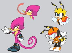 Size: 1254x924 | Tagged: safe, artist:8xenon8, artist:shadails, charmy bee, espio the chameleon, 2019, alternate outfit, charmabetes, cute, duo, flat colors, four arms, grey background, long tongue, redesign, scales, simple background, standing, tongue out, v sign