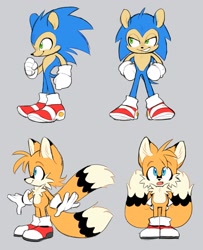 Size: 1063x1310 | Tagged: safe, artist:8xenon8, artist:shadails, miles "tails" prower, sonic the hedgehog, 2019, cute, duo, flat colors, fur markings, grey background, one fang, redesign, simple background, smile, sonabetes, standing, tailabetes