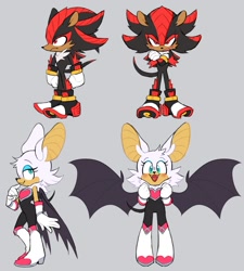 Size: 1290x1435 | Tagged: safe, artist:8xenon8, artist:shadails, rouge the bat, shadow the hedgehog, armadillo, 2019, arms folded, blushing, cute, duo, fangs, flat colors, frown, grey background, heart tongue, redesign, rougabetes, shadowbetes, simple background, smile, standing