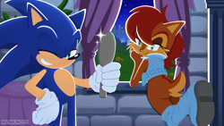 Size: 3000x1689 | Tagged: safe, artist:pensforpenc1ls, sally acorn, sonic the hedgehog, chipmunk, hedgehog, 2026, duo, female, grin, handheld mirror, holding something, looking at viewer, male, nighttime, sally x sonic, sally's ringblader outfit, shipping, smile, straight