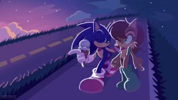Size: 1200x675 | Tagged: safe, artist:pensforpenc1ls, sally acorn, sonic the hedgehog, chipmunk, hedgehog, 2025, duo, female, foot, holding something, ice cream, male, nighttime, road, sally x sonic, sally's vest and boots, shipping, sonic channel, sonic channel wallpaper style, straight, walking