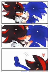 Size: 1428x2048 | Tagged: suggestive, artist:tamjeong_sonic, shadow the hedgehog, sonic the hedgehog, 2025, barefoot, blushing, comic, duo, eyes closed, gay, grin, heart, kiss, lidded eyes, looking at each other, looking at them, shadow x sonic, shipping, simple background, smile, white background