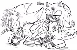Size: 2048x1337 | Tagged: safe, artist:tamjeong_sonic, shadow the hedgehog, sonic the hedgehog, 2025, bloodshot eyes, clenched teeth, duo, english text, fight, gay, greyscale, heart, lidded eyes, looking at them, monochrome, scratch (injury), shadow x sonic, shipping, simple background, smile, speech bubble, white background