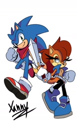 Size: 1080x1740 | Tagged: safe, artist:sonicboomnextgen, sally acorn, sonic the hedgehog, chipmunk, hedgehog, 2020, duo, female, fighting pose, fist, looking at viewer, male, pose, sally x sonic, scarf, shipping, simple background, straight, sword, vest, weapon, white background