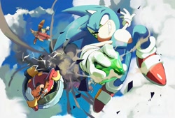 Size: 1819x1228 | Tagged: safe, artist:cham__623, miles "tails" prower, robotnik, sonic the hedgehog, human, 2025, airplane, chaos emerald, clouds, daytime, eggmobile, grin, holding something, injured, outdoors, smile, trio