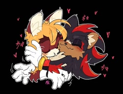 Size: 600x459 | Tagged: safe, artist:8xenon8, artist:shadails, miles "tails" prower, shadow the hedgehog, 2026, arm fluff, black background, blushing, bust, cute, duo, ear fluff, eyes closed, fur markings, gay, heart, nuzzle, outline, shadow x tails, shadowbetes, shipping, simple background, smile, tailabetes
