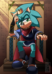 Size: 2450x3500 | Tagged: safe, artist:roseduelistbbshm, rob o' the hedge, hedgehog, 2024, alternate universe, au:sonic nexus, cape, clothes, crown, king, looking at viewer, male, pose, shoes, sitting, solo, throne