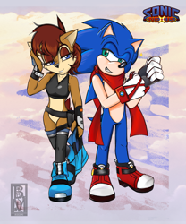 Size: 1625x1950 | Tagged: safe, artist:roseduelistbbshm, sally acorn, sonic the hedgehog, chipmunk, hedgehog, 2020, au:sonic nexus, duo, female, holding something, looking at viewer, male, pose, sally x sonic, scarf, shipping, standing, straight, vest